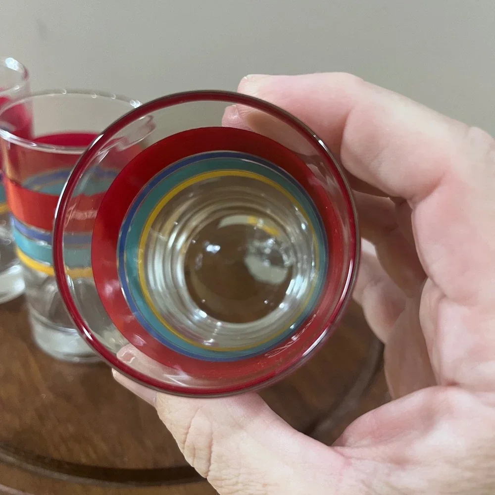 Vtg Fiesta Juice Glasses Set of 4 Red Blue Yellow‎ Striped Retro Tumblers 4.5